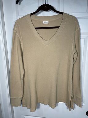 Pact Waffle Thermal Top Size Large Long Sleeve V Neck Tan Organic Cotton